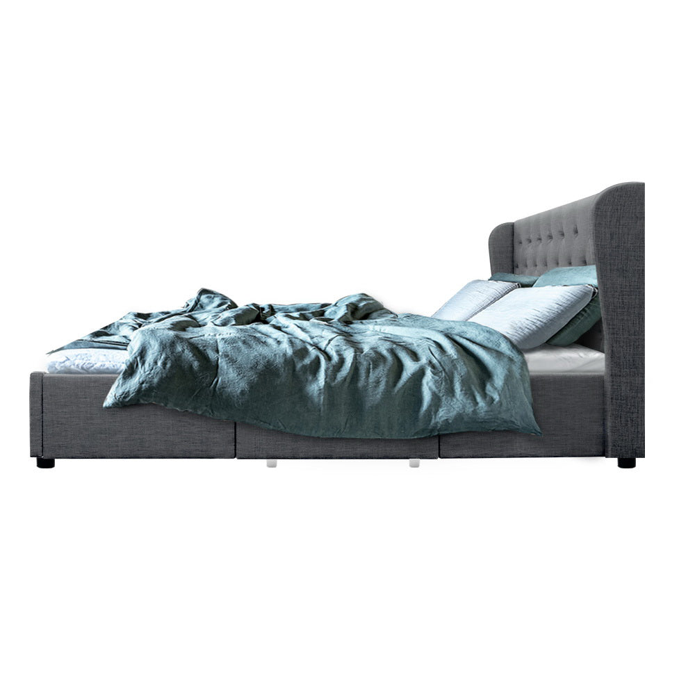 MILA Elegant Bed Frame Base with Storage Drawers - Grey Fabric Queen Homecoze