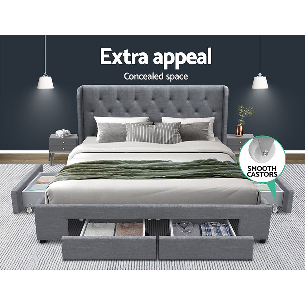 MILA Elegant Bed Frame Base with Storage Drawers - Grey Fabric Queen Homecoze