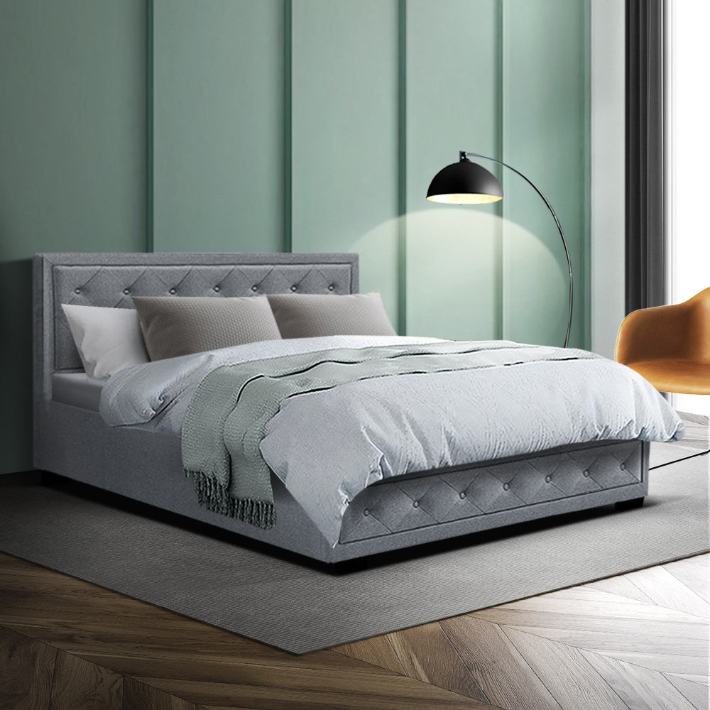 Tiyo Bed Frame Fabric Gas Lift Storage - Grey Double Homecoze