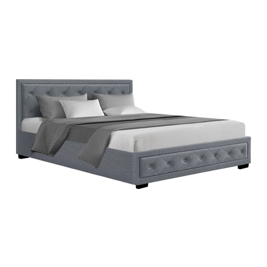 Tiyo Bed Frame Fabric Gas Lift Storage - Grey Queen Homecoze