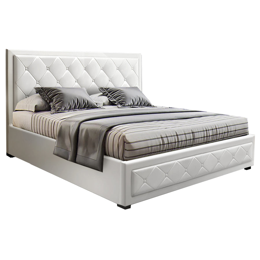 Tiyo Bed Frame PU Leather Gas Lift Storage - White Queen Homecoze