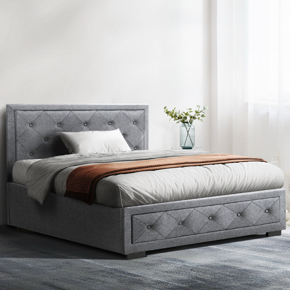 King Single Bed Frame with Gas Lift Base Storage - Grey Fabric Homecoze
