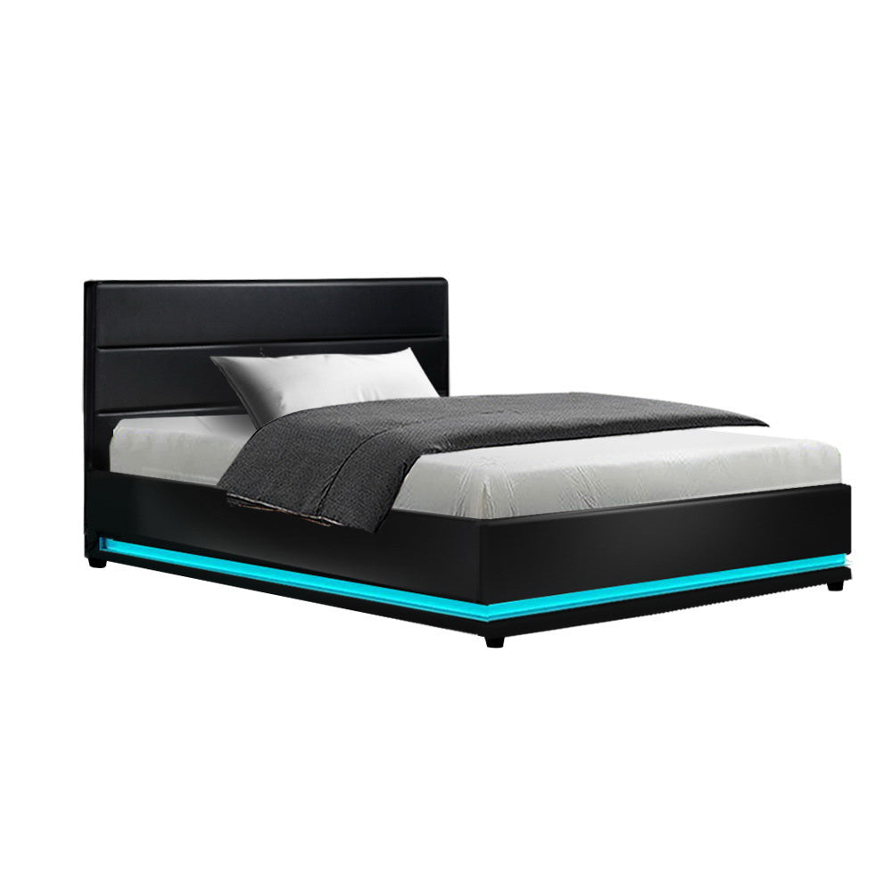 Premium PU Leather LED Bed Frame King Single with Gas Lift Storage - Black Homecoze