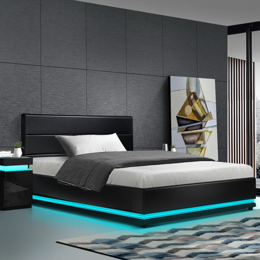 Premium PU Leather LED Bed Frame King Single with Gas Lift Storage - Black Homecoze