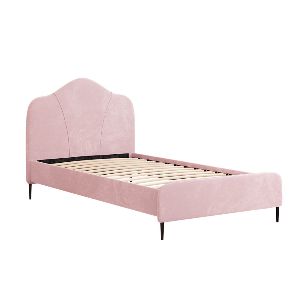 Velvet Fabric (King Single) Bed Frame with Plush Headboard - Pink