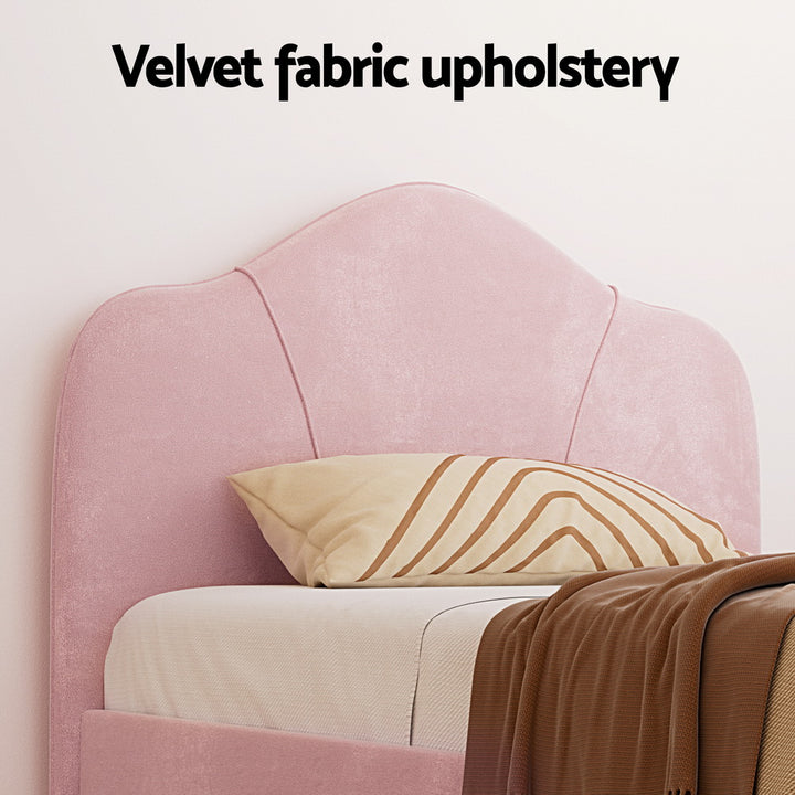 Velvet Fabric (King Single) Bed Frame with Plush Headboard - Pink