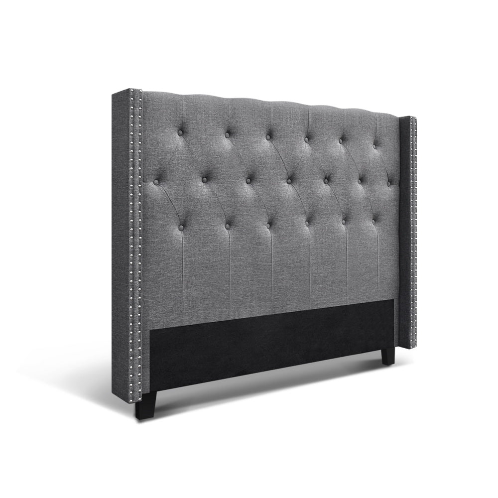Queen Size Winged Headboard Bed Head Button Tufted Faux Linen Fabric - Grey Homecoze