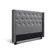 Queen Size Winged Headboard Bed Head Button Tufted Faux Linen Fabric - Grey Homecoze