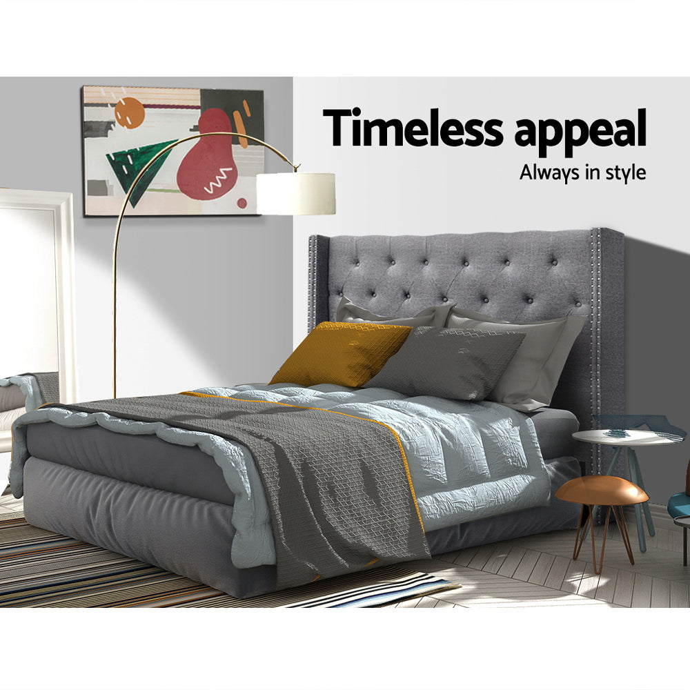 Queen Size Winged Headboard Bed Head Button Tufted Faux Linen Fabric - Grey Homecoze