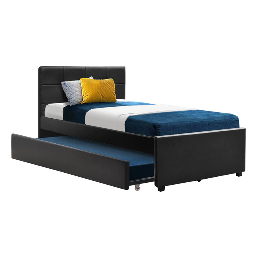Trundle Wooden Bed Frame with Storage Drawer - Black PU Leather King Single Homecoze