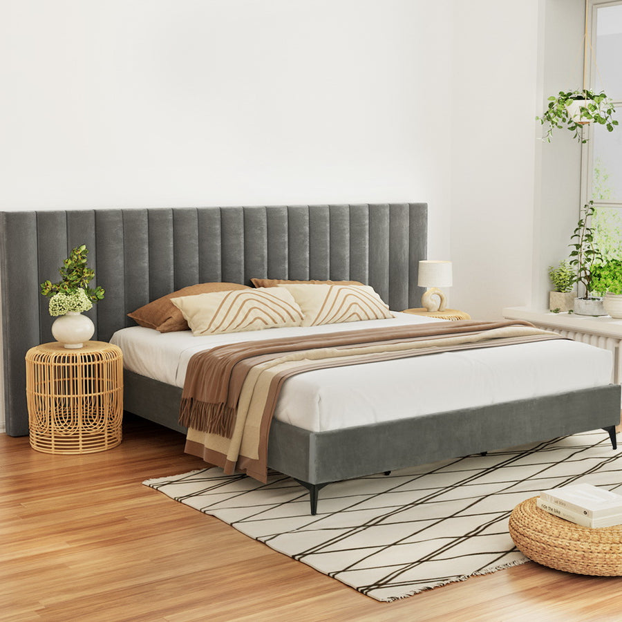 Genevieve King Luxury Velvet Bed Frame Wide Headboard - Grey Homecoze