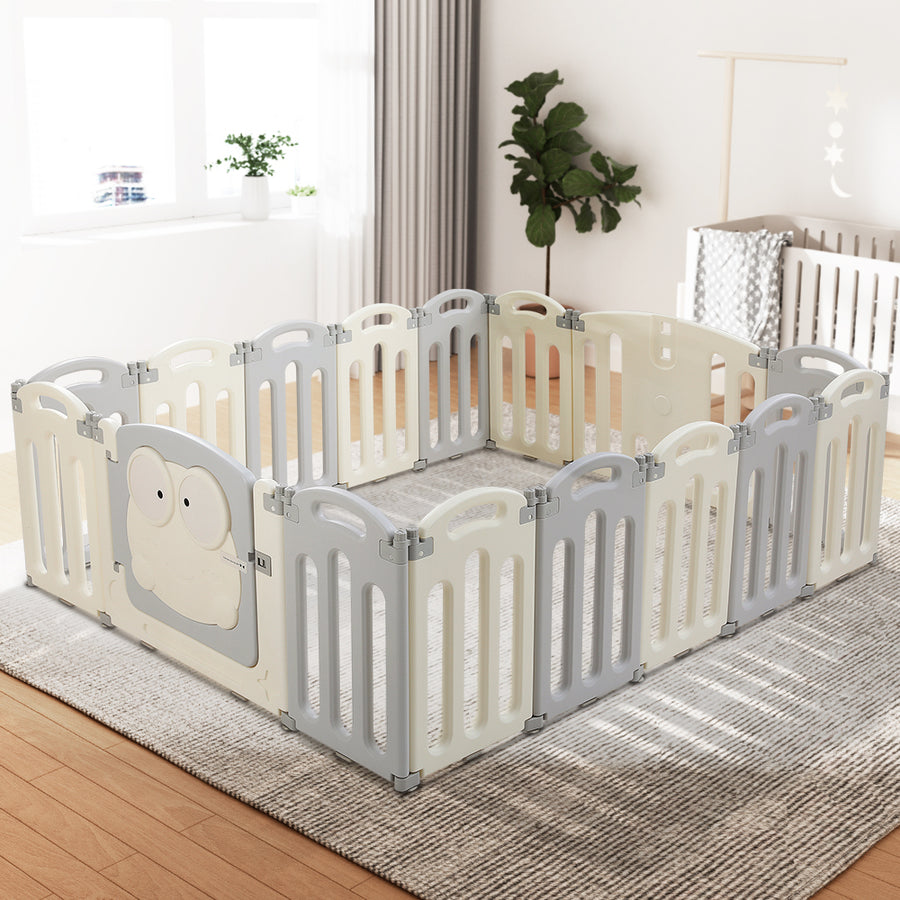 Kids Baby Playpen 16 Panel Foldable Toddler Fence Activity Centre - Grey & White Homecoze