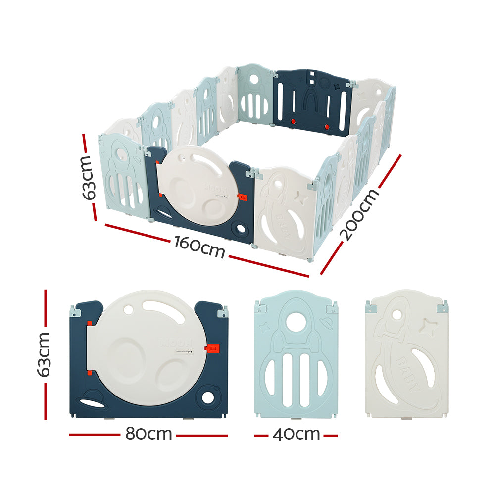 Kids Baby Playpen 16 Panel Foldable Toddler Fence Activity Centre - Blue & White Homecoze