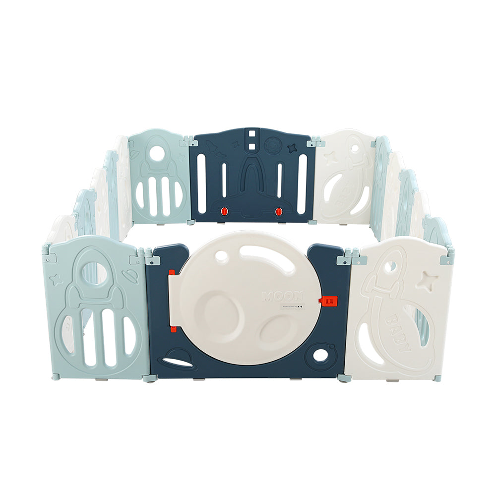 Kids Baby Playpen 16 Panel Foldable Toddler Fence Activity Centre - Blue & White Homecoze