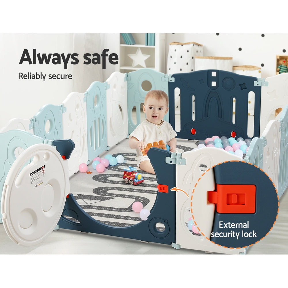 Kids Baby Playpen 16 Panel Foldable Toddler Fence Activity Centre - Blue & White Homecoze