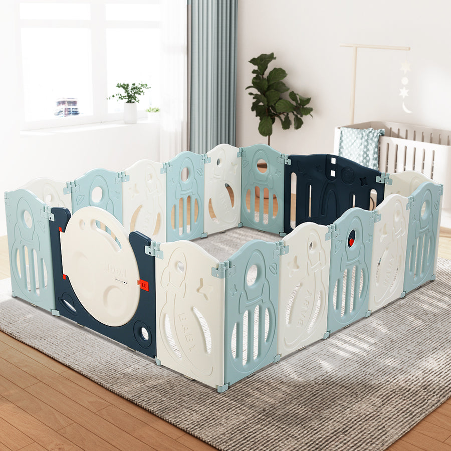Kids Baby Playpen 16 Panel Foldable Toddler Fence Activity Centre - Blue & White Homecoze