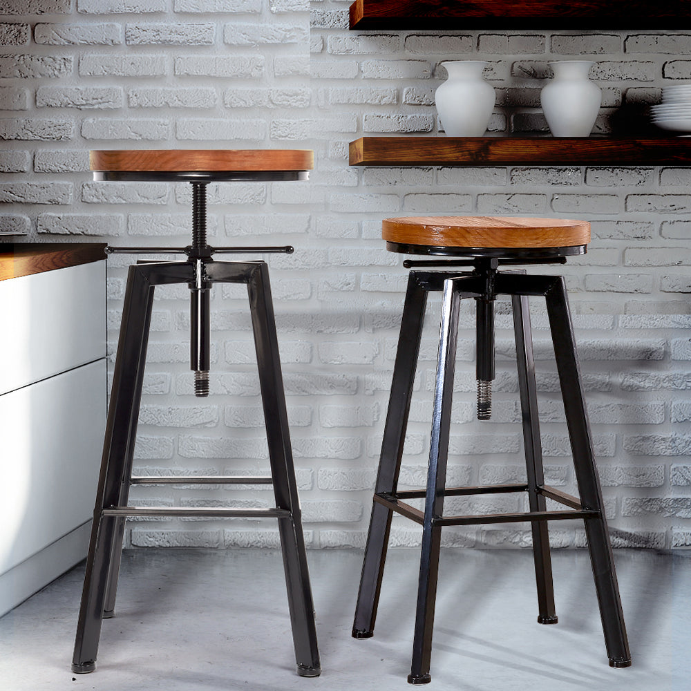 Set of 2 Vintage Styled Industrial Wood Top Swivel Bar Stools – Natural Homecoze