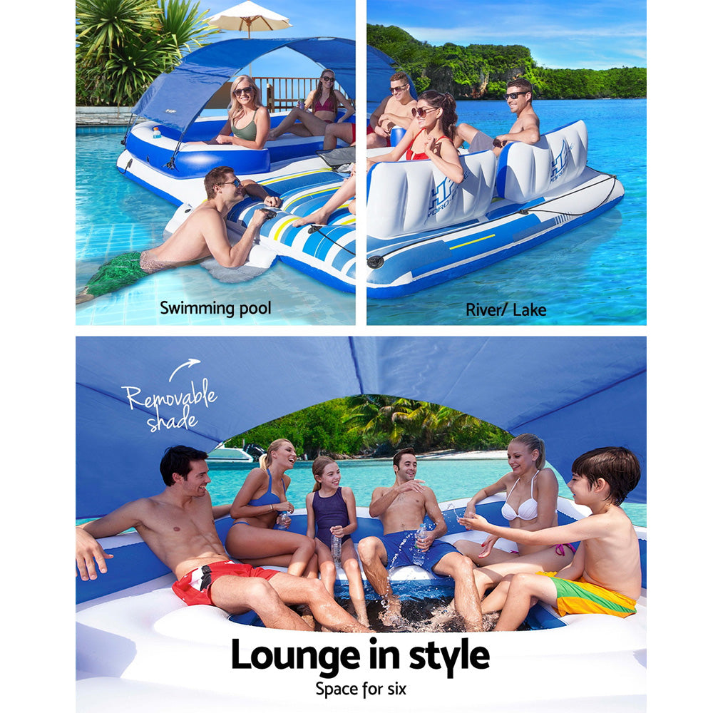 Inflatable Floating Island Lounge Pool 6-person Raft with Sunshade Homecoze