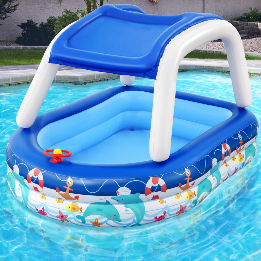 Kids Inflatable Sea Captain Swimming Pool with Sun Shade - 282L Capacity Homecoze