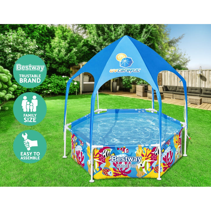 1.8m Round Kids Backyard Swimming Pool with Sun Shade Canopy and Hose Mister Homecoze