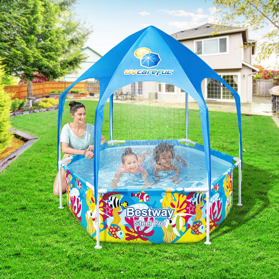 1.8m Round Kids Backyard Swimming Pool with Sun Shade Canopy and Hose Mister Homecoze