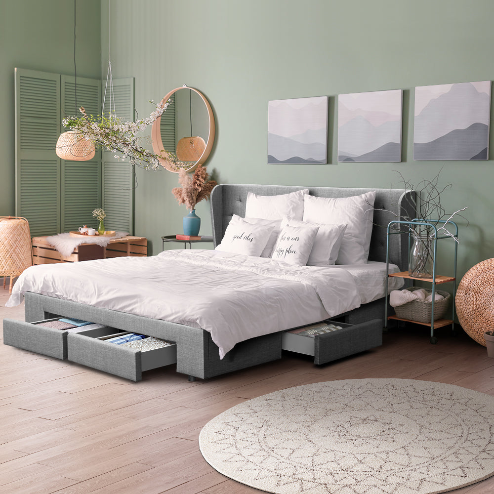 MILA Elegant Bed Frame Base with Storage Drawers - Grey Fabric Queen Homecoze