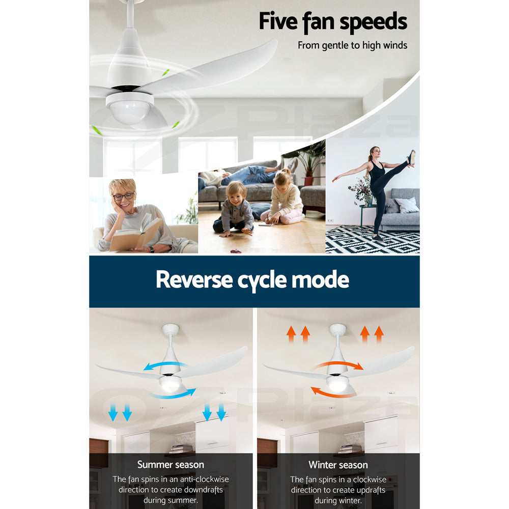 52'' Classic Ceiling Fan LED Light Remote Control DC Motor 5 Speed - White - Homecoze