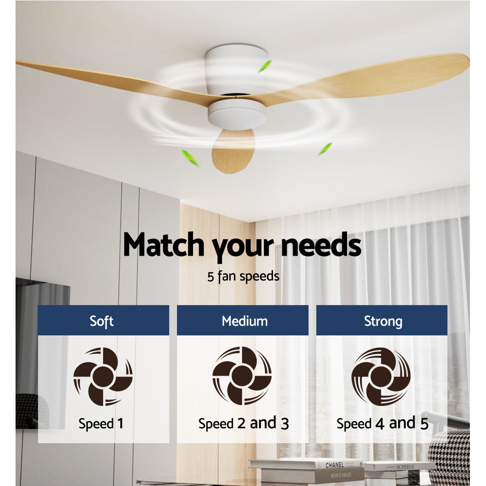 52'' Modern Ceiling Fan LED Light Remote Control DC Motor 5 Speed - White & Oak - Homecoze