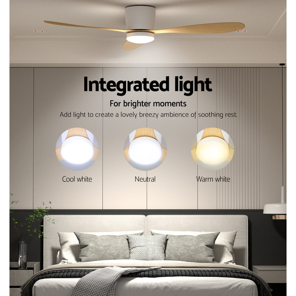 52'' Modern Ceiling Fan LED Light Remote Control DC Motor 5 Speed - White & Oak - Homecoze
