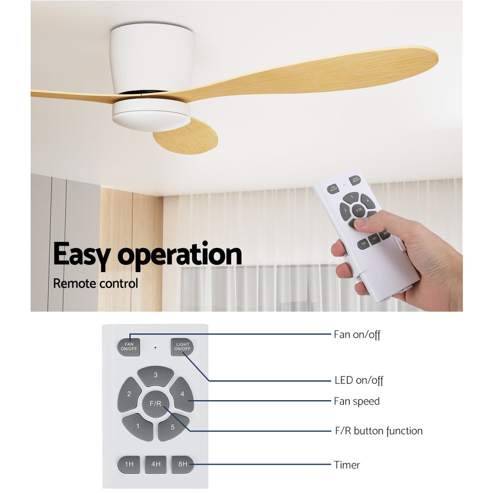 52'' Modern Ceiling Fan LED Light Remote Control DC Motor 5 Speed - White & Oak - Homecoze