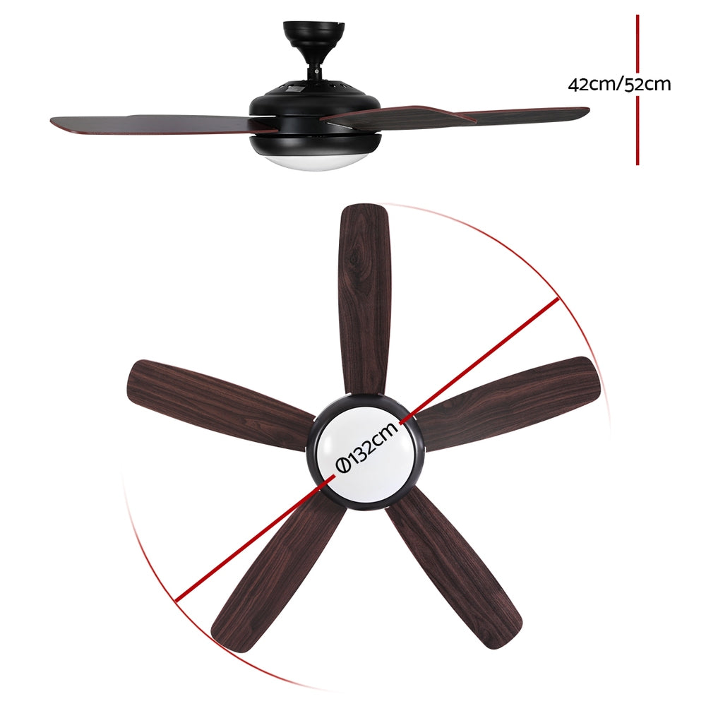 52'' Ceiling Fan 5 Wooden Blades Fans LED Light Remote Control Timer - Black & Walnut