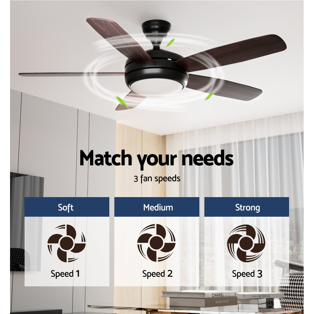 52'' Ceiling Fan 5 Wooden Blades Fans LED Light Remote Control Timer - Black & Walnut - Homecoze