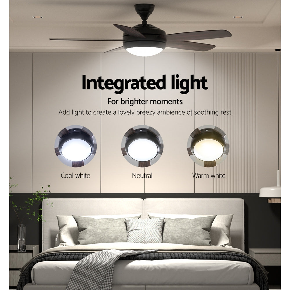52'' Ceiling Fan 5 Wooden Blades Fans LED Light Remote Control Timer - Black & Walnut - Homecoze