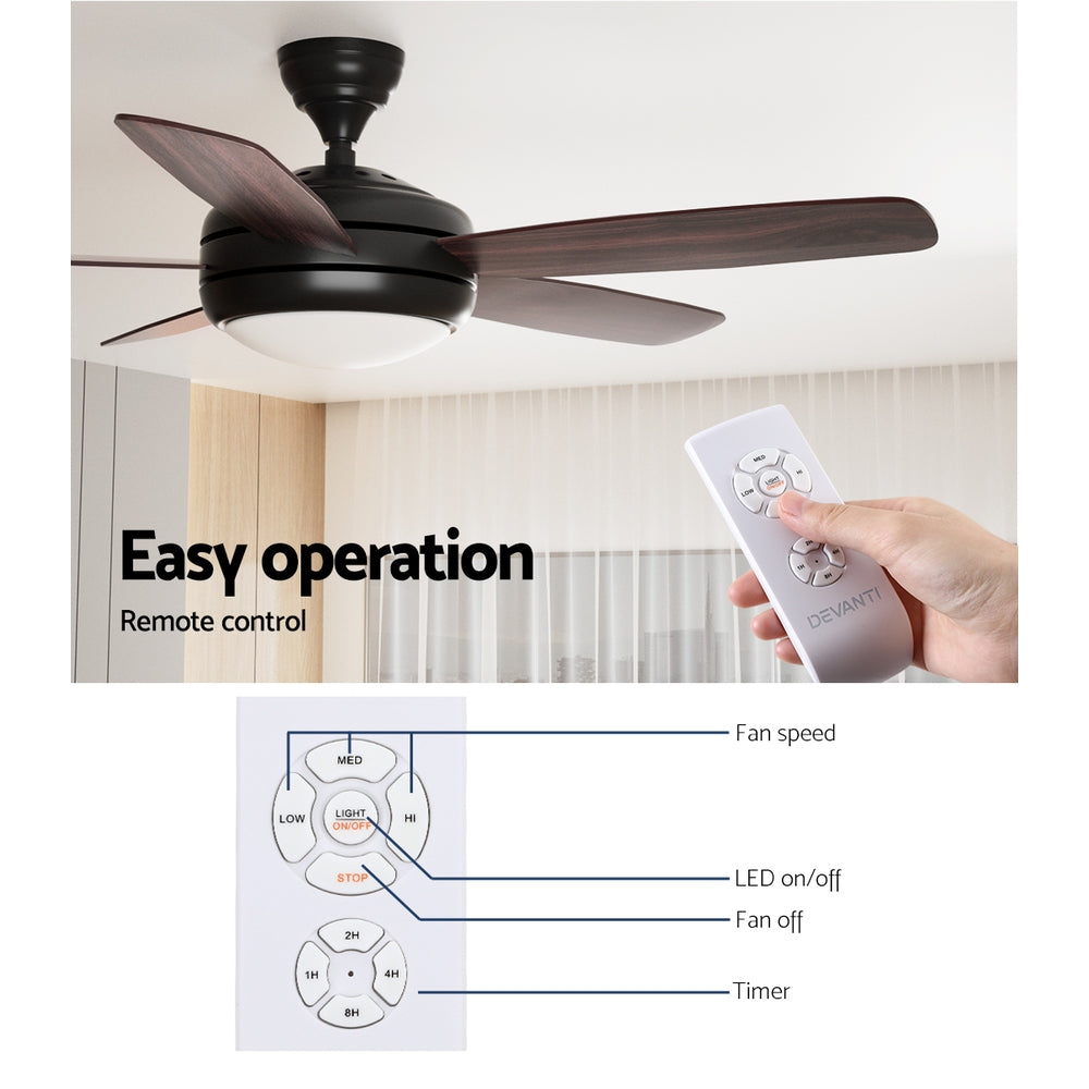 52'' Ceiling Fan 5 Wooden Blades Fans LED Light Remote Control Timer - Black & Walnut