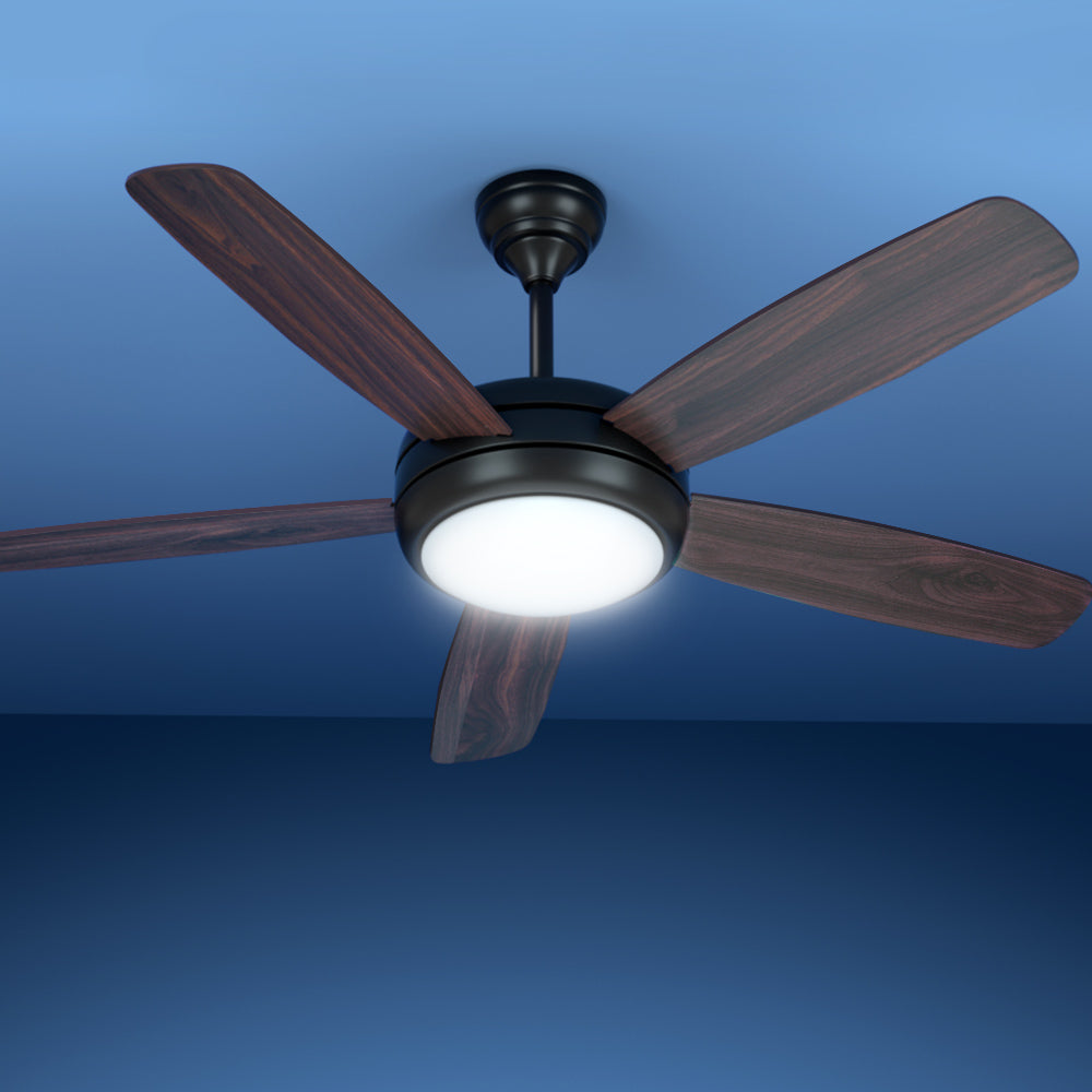 52'' Ceiling Fan 5 Wooden Blades Fans LED Light Remote Control Timer - Black & Walnut - Homecoze