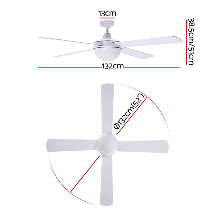 52'' Ceiling Fan with Light and Remote Timer - White Homecoze