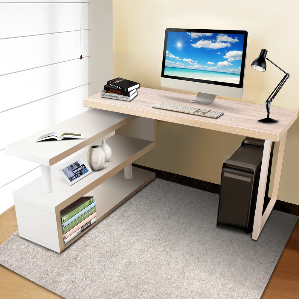 Rotary Corner Desk with Bookshelf - White & Oak Homecoze