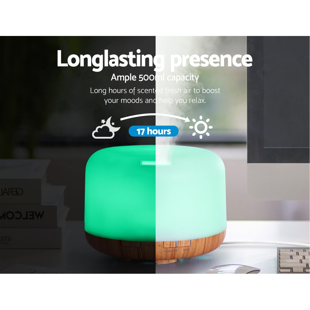 Wood Grain Modern Cylindrical 7-Colour LED Aroma Diffuser 500ml - Homecoze