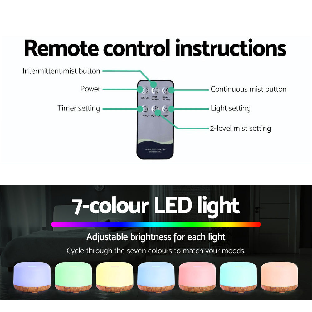 Wood Grain Modern Cylindrical 7-Colour LED Aroma Diffuser 500ml - Homecoze