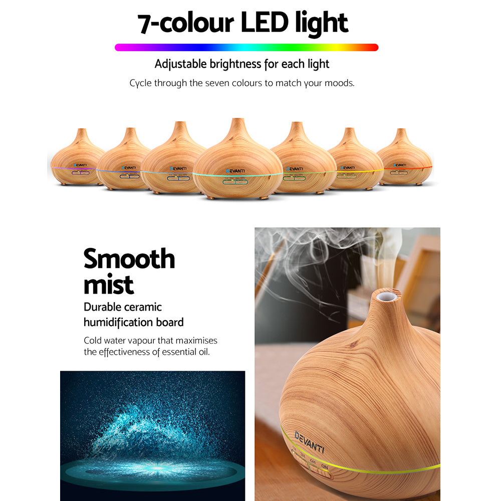 Light Wood Grain Vase Style 7-Colour LED Aroma Diffuser 300ml - Homecoze