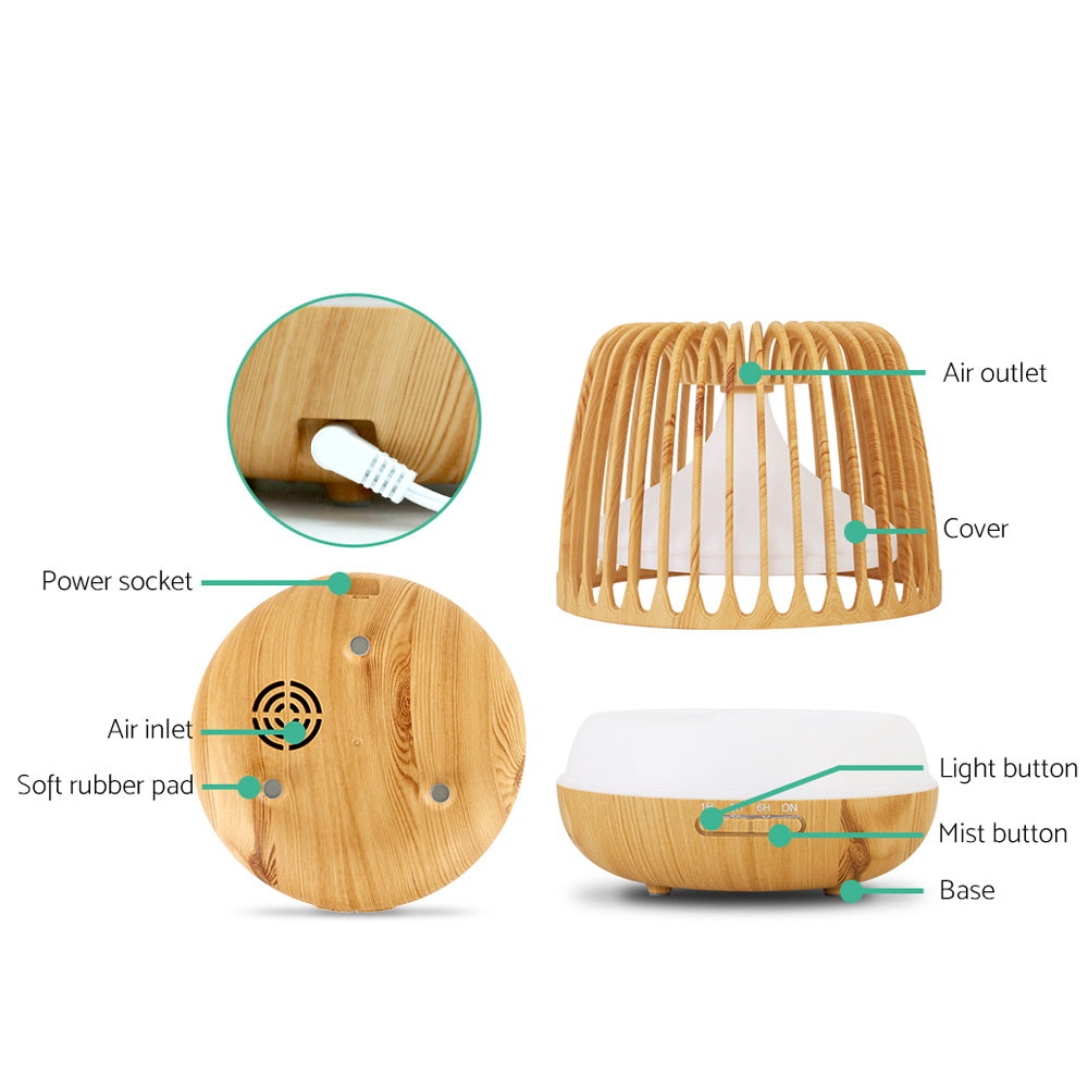 Caged Wood Grain 7-Colour LED Aroma Diffuser 500ml - Homecoze