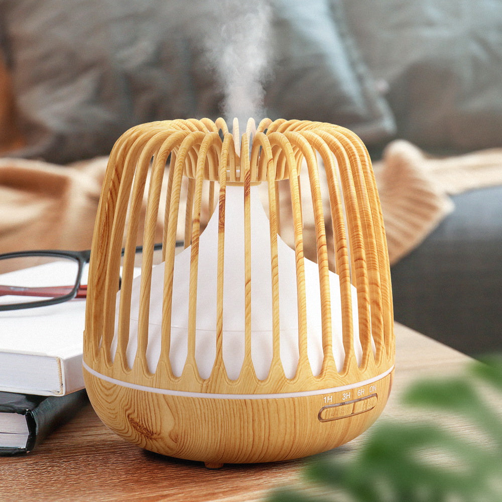 Caged Wood Grain 7-Colour LED Aroma Diffuser 500ml - Homecoze