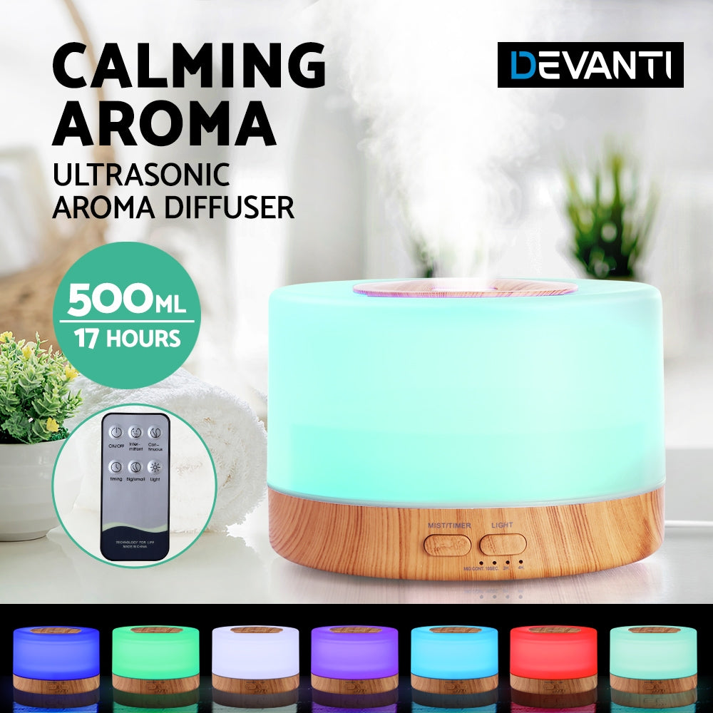 Light Wood Grain Modern Cylindrical 7-Colour LED Aroma Diffuser 500ml - Homecoze