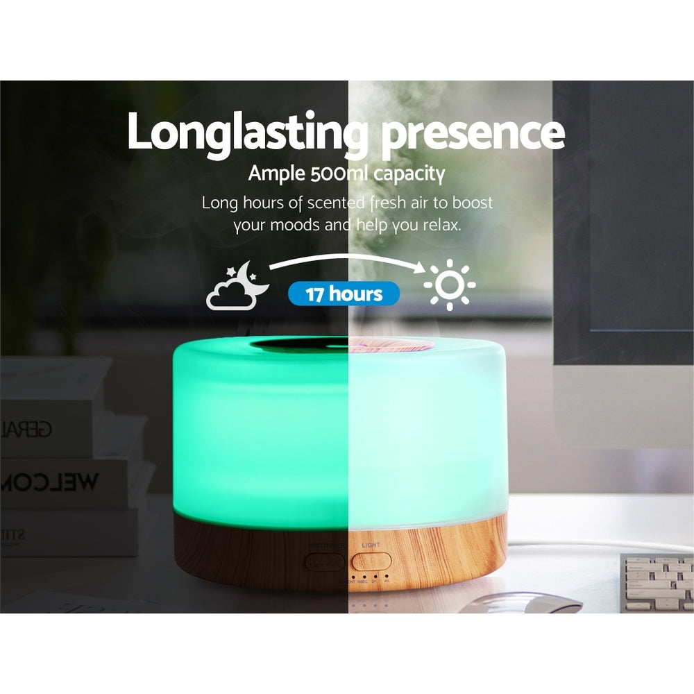 Light Wood Grain Modern Cylindrical 7-Colour LED Aroma Diffuser 500ml Homecoze