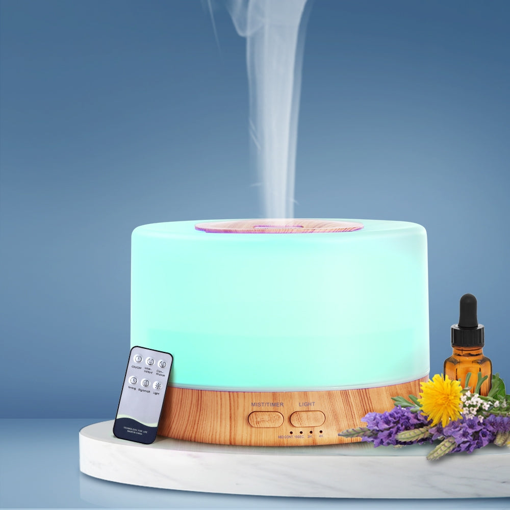 Light Wood Grain Modern Cylindrical 7-Colour LED Aroma Diffuser 500ml - Homecoze