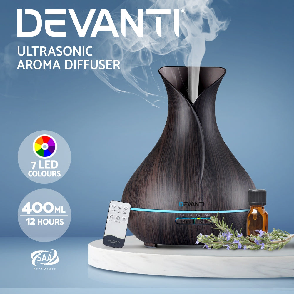 Dark Wood Grain Vase Style 7-Colour LED Aroma Diffuser 400ml - Homecoze