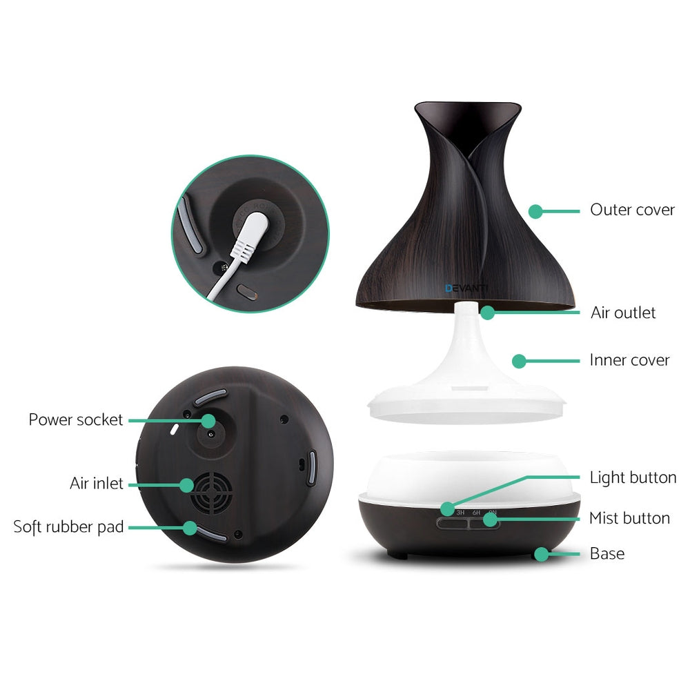 Dark Wood Grain Vase Style 7-Colour LED Aroma Diffuser 400ml - Homecoze