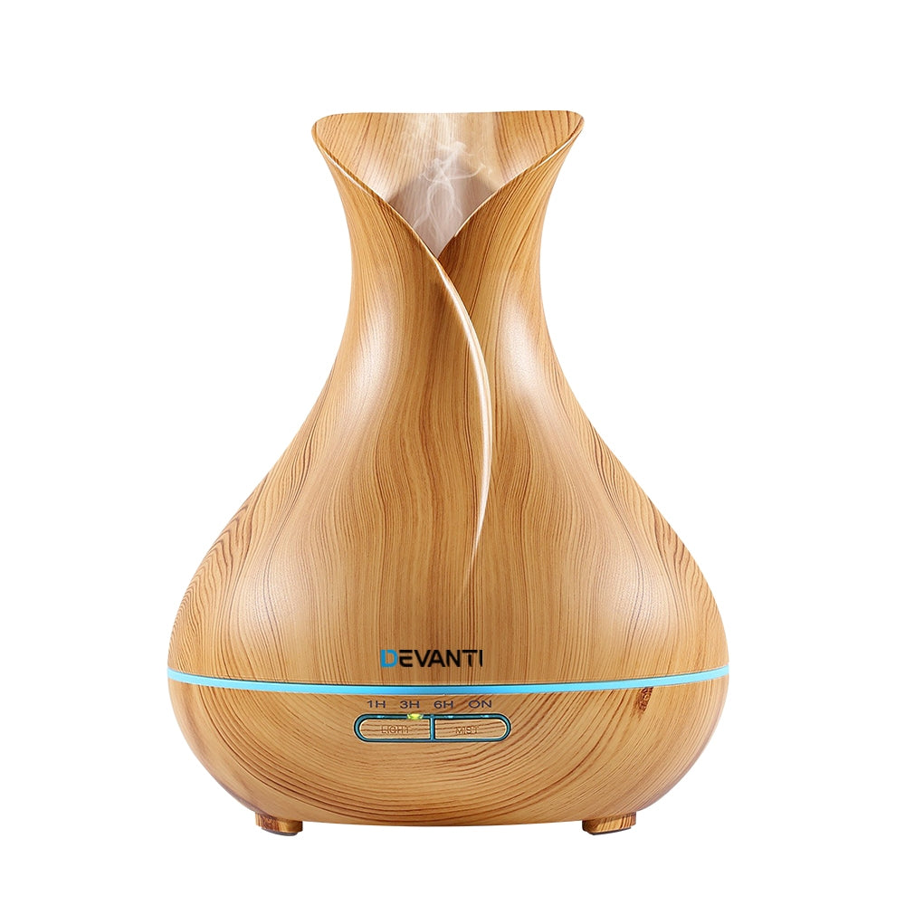 Light Wood Grain Vase Style 7-Colour LED Aroma Diffuser 400ml - Homecoze