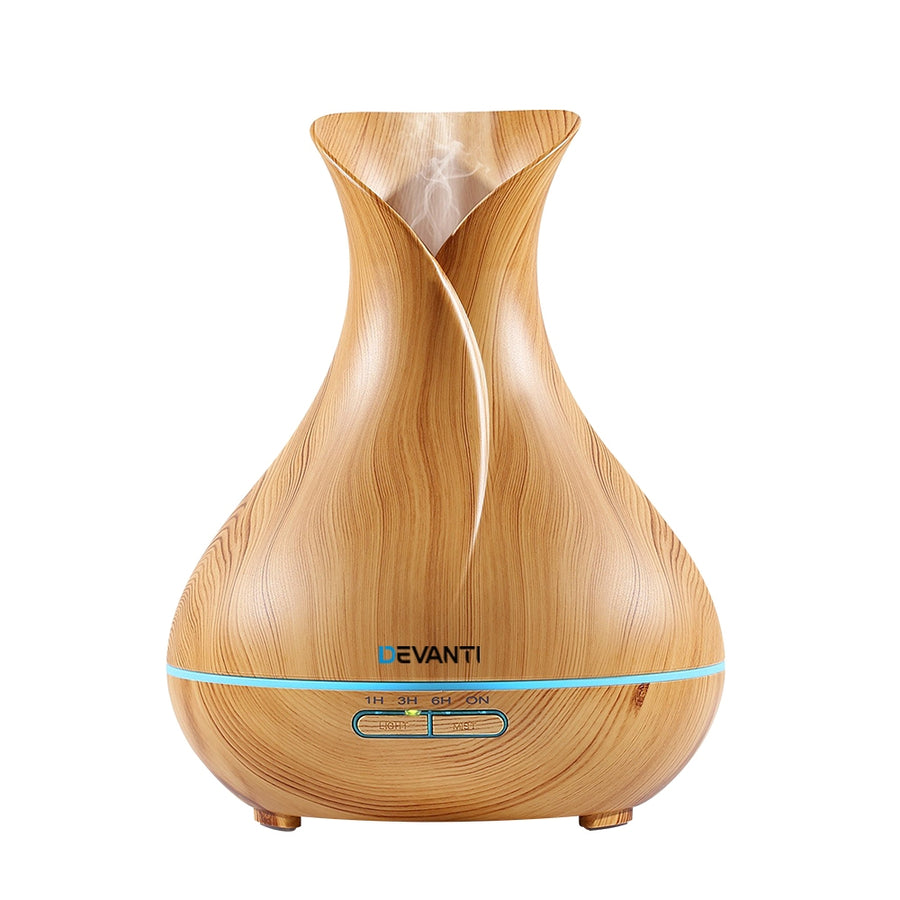 Light Wood Grain Vase Style 7-Colour LED Aroma Diffuser 400ml Homecoze