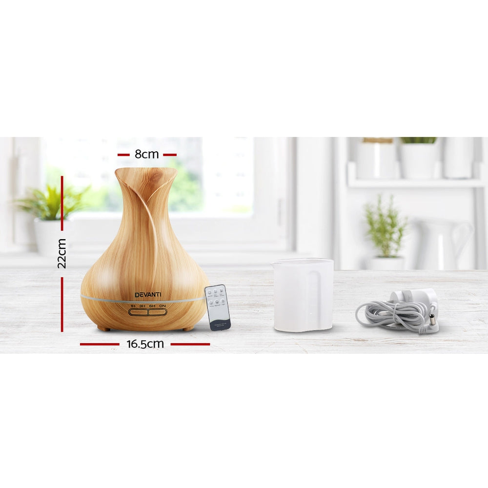 Light Wood Grain Vase Style 7-Colour LED Aroma Diffuser 400ml - Homecoze
